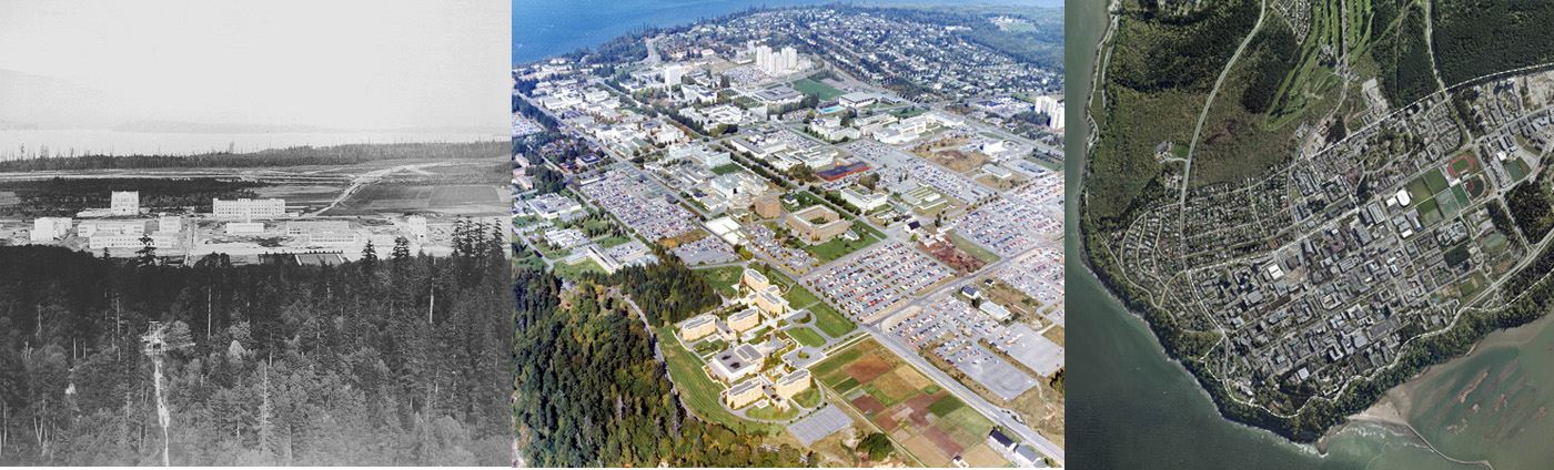 Three aerial photos of the UBC Campus from 1920, 1970 and 2018