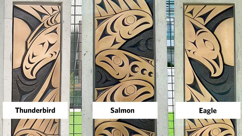 Close-up photos of the thunderbird, salmon and eagle sculptures.