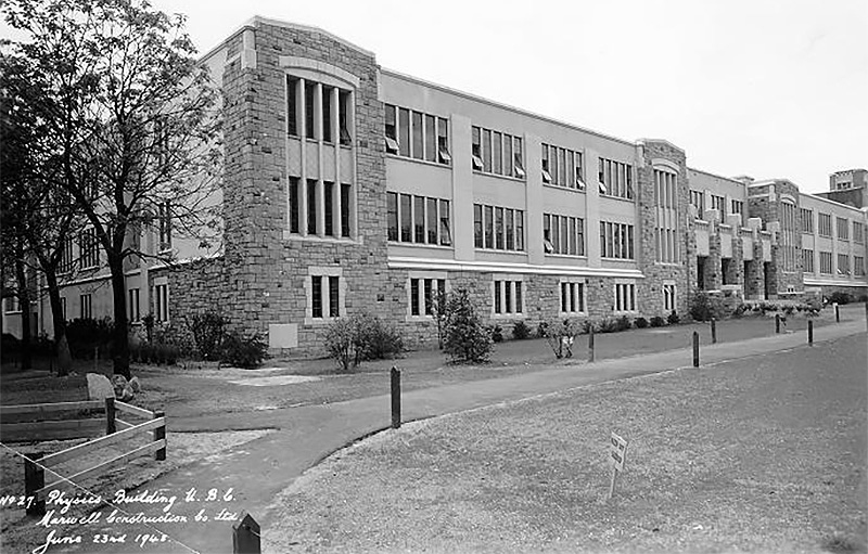 An archival photo of the Physics building