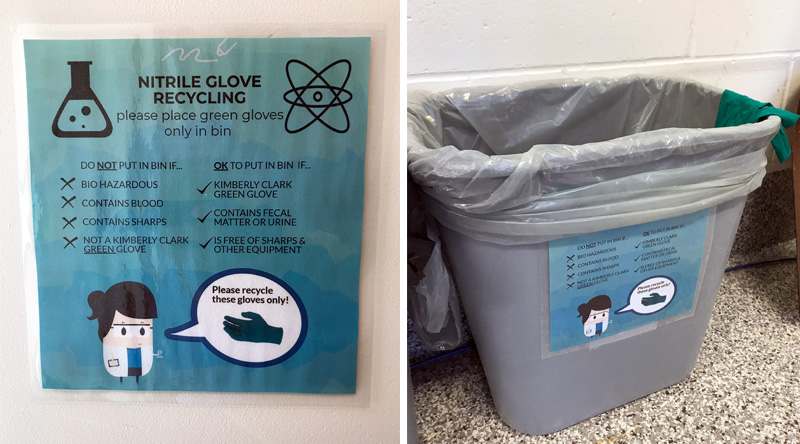 Two photos show the signage applied to recycling bins