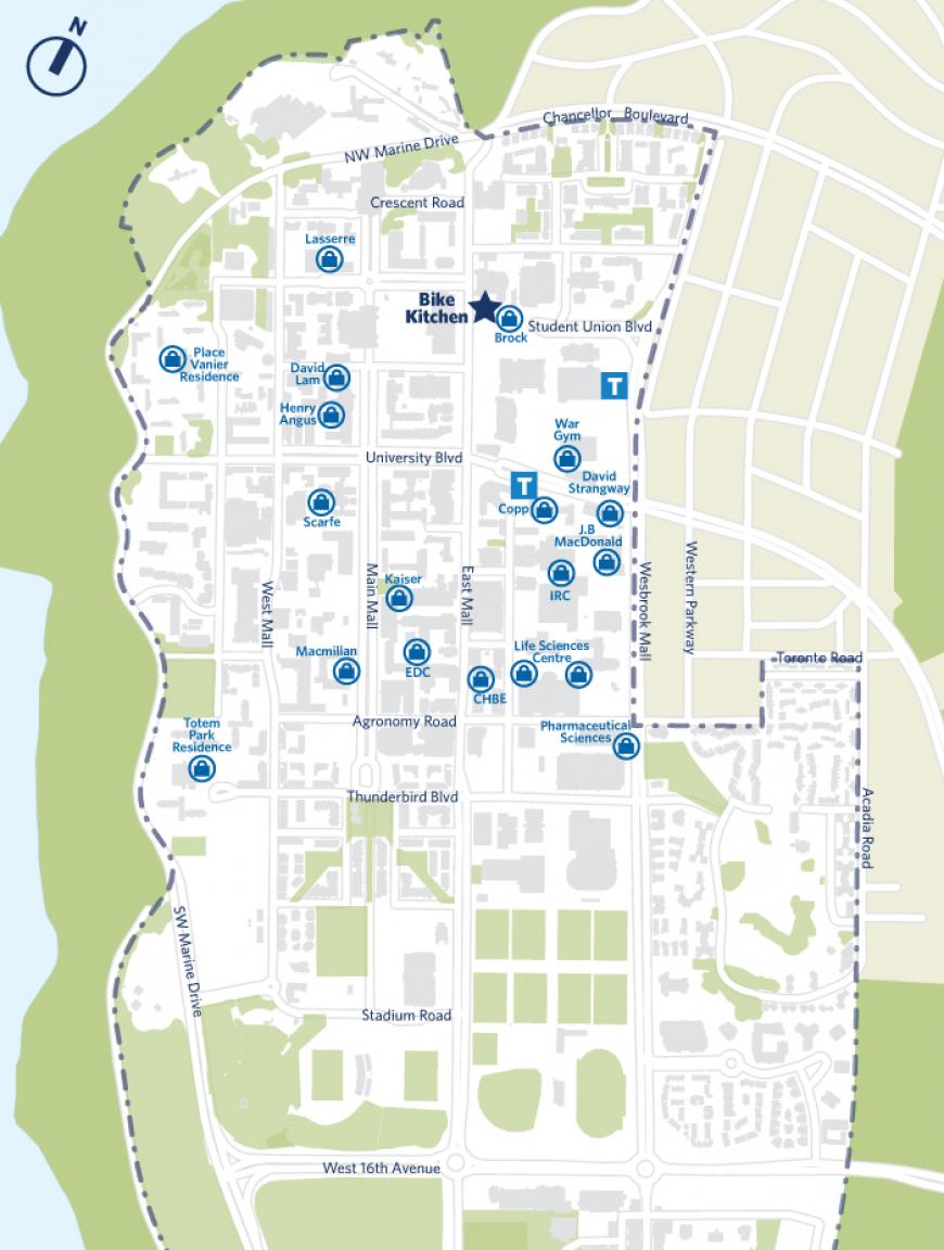 Map of UBC Vancouver's Bike Storages