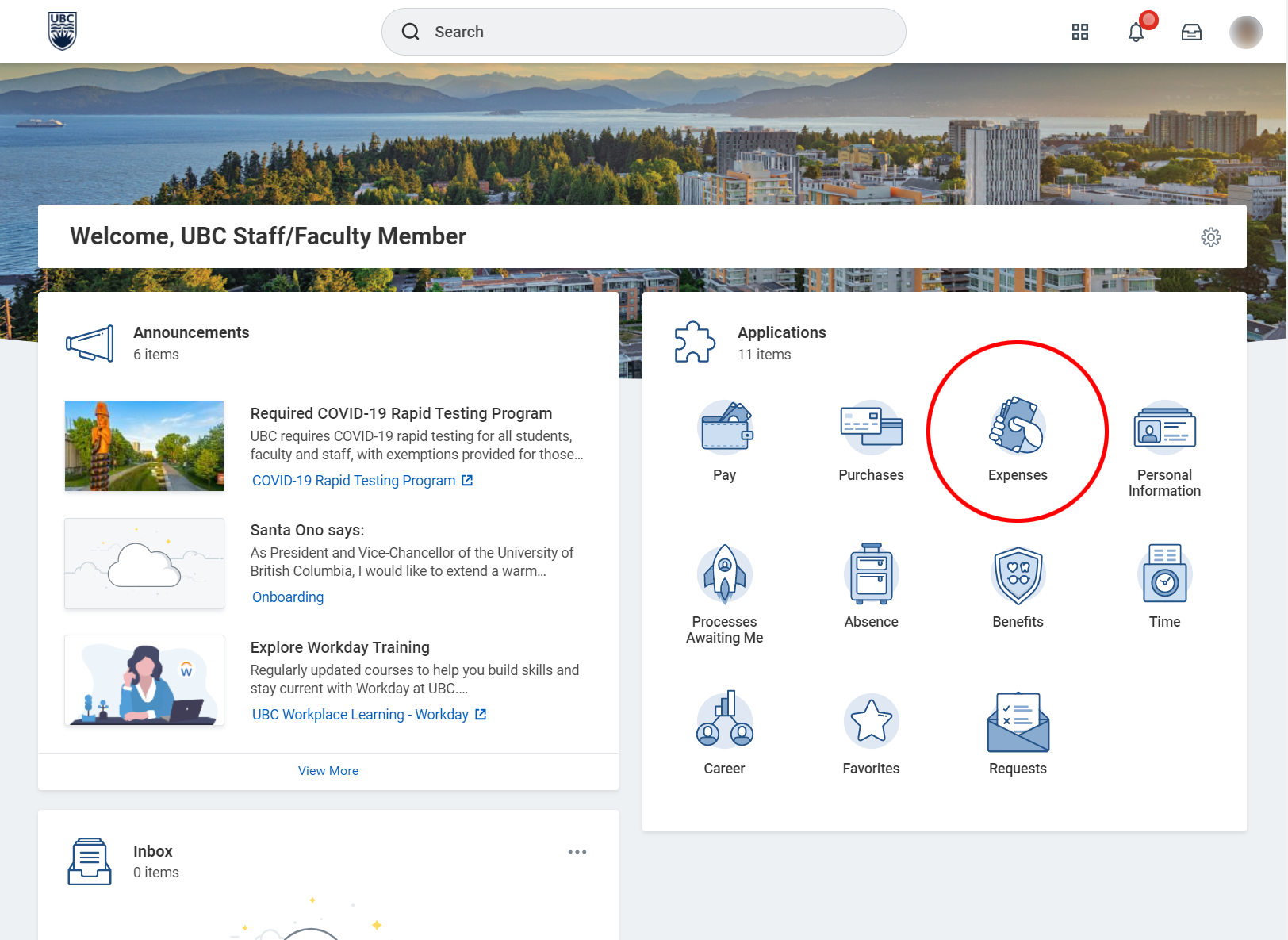 A screenshot of the UBC Workday homepage with a red circle over the Expenses button