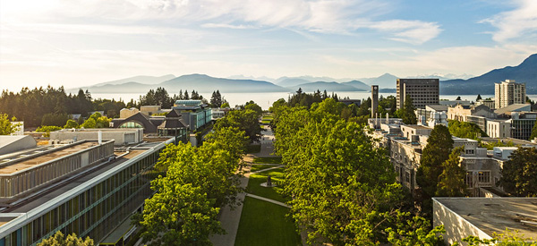 An aerial photo of Main Mall looking towards the North Shore mountains 