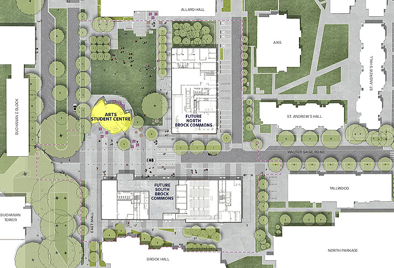 A map showing the location of the new Arts Student Centre near Allard Hall