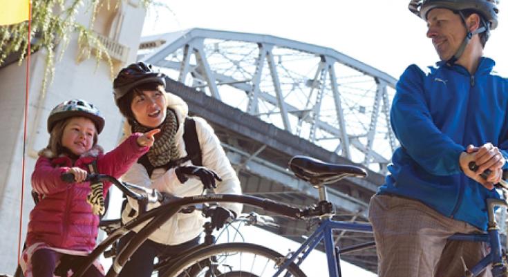 A Mom and her daughter on their bikes near Burrard Street bridge