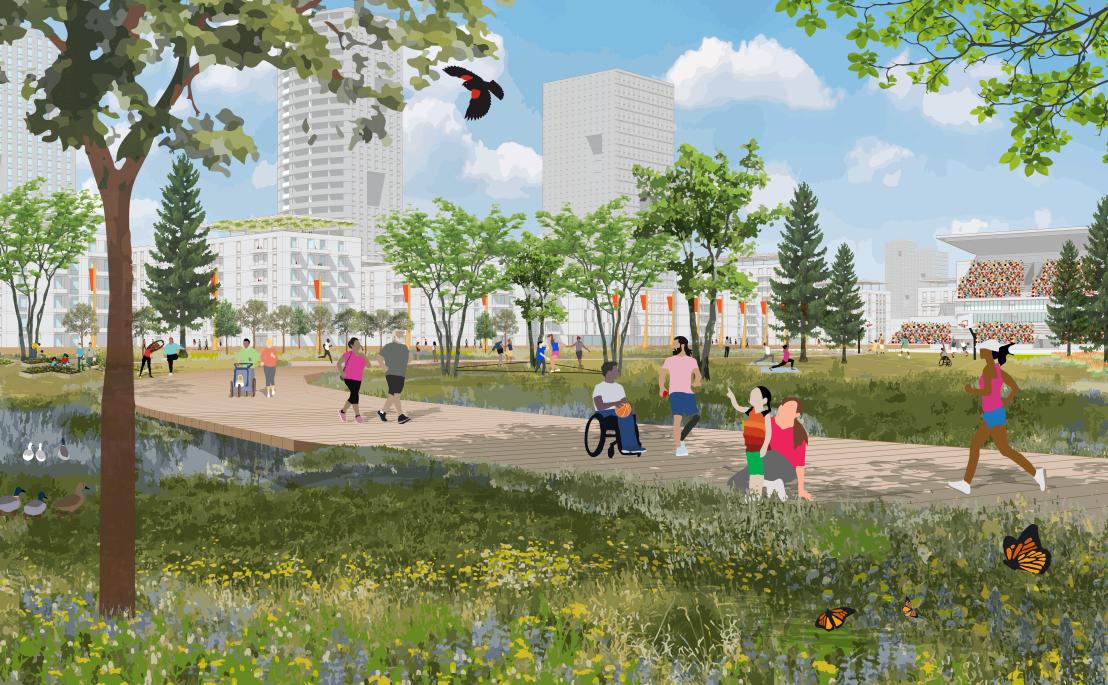 Artistic rendering of the new park in Stadium Neighbourhood, including new forested areas, community gardens and a meadow area that doubles as a rainwater management feature, becoming a major ecological and social feature of the campus and a model for climate resilience. 