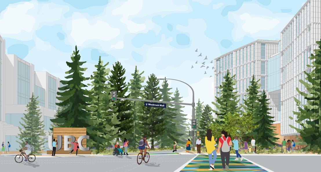 Artistic rendering of the primary welcome to campus at the intersection of University Boulevard and Wesbrook Mall