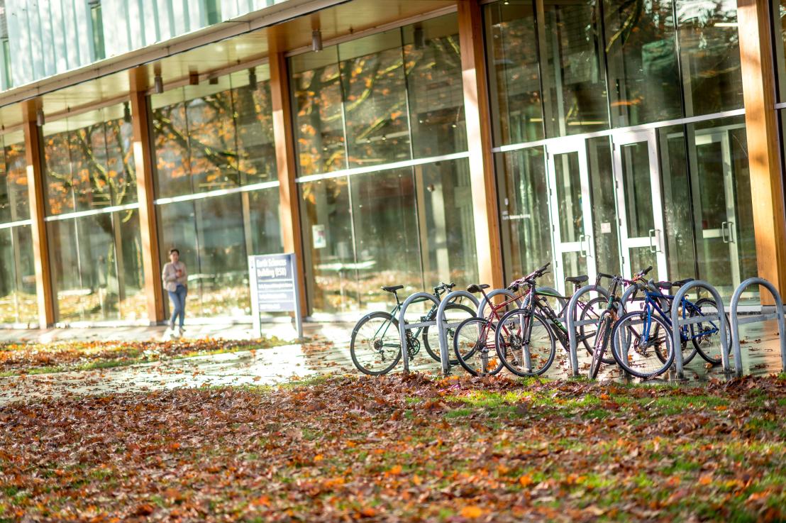 A bike rack in front of the Earth and Ocean Sciences building, set against fallen autumn leaves and a warm sunset.