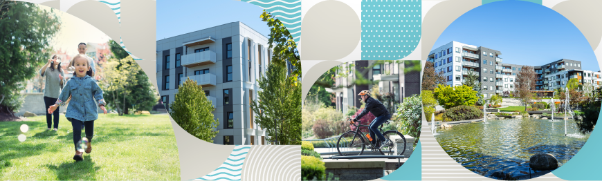 A banner for the Wesbrook Amendment project showing four different pictures of buildings within a cutout shape design.