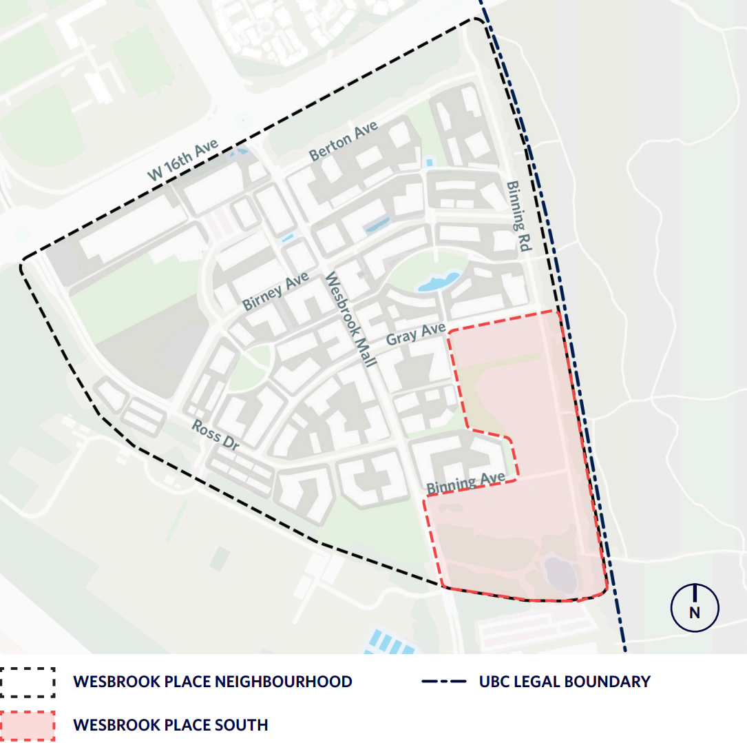 Map showing Wesbrook Place neighbourhood with a focus on Wesbrook South.