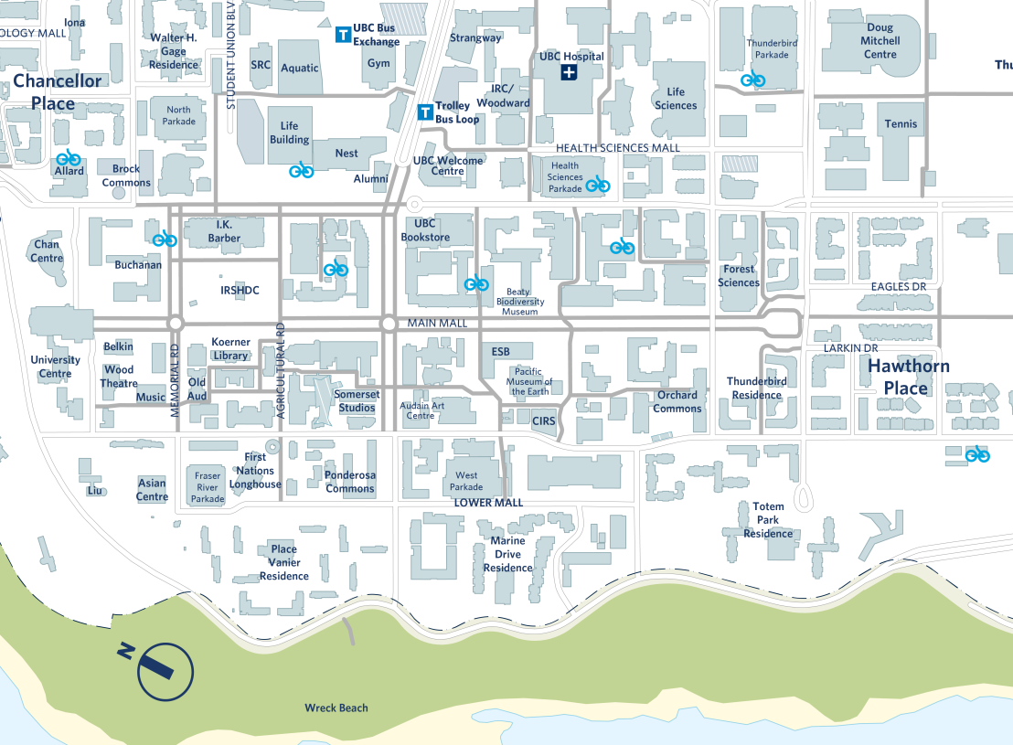 A map of all Bike Cages in UBC as of 2025. For more information, see list below.