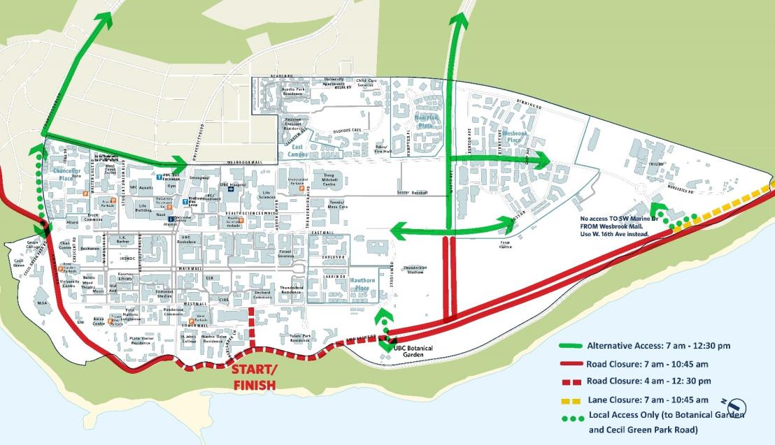 A map of Vancouver Half Marathon and 5KM road closures.