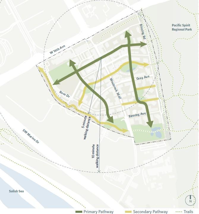 Map of pedestrian routes in Wesbrook Place