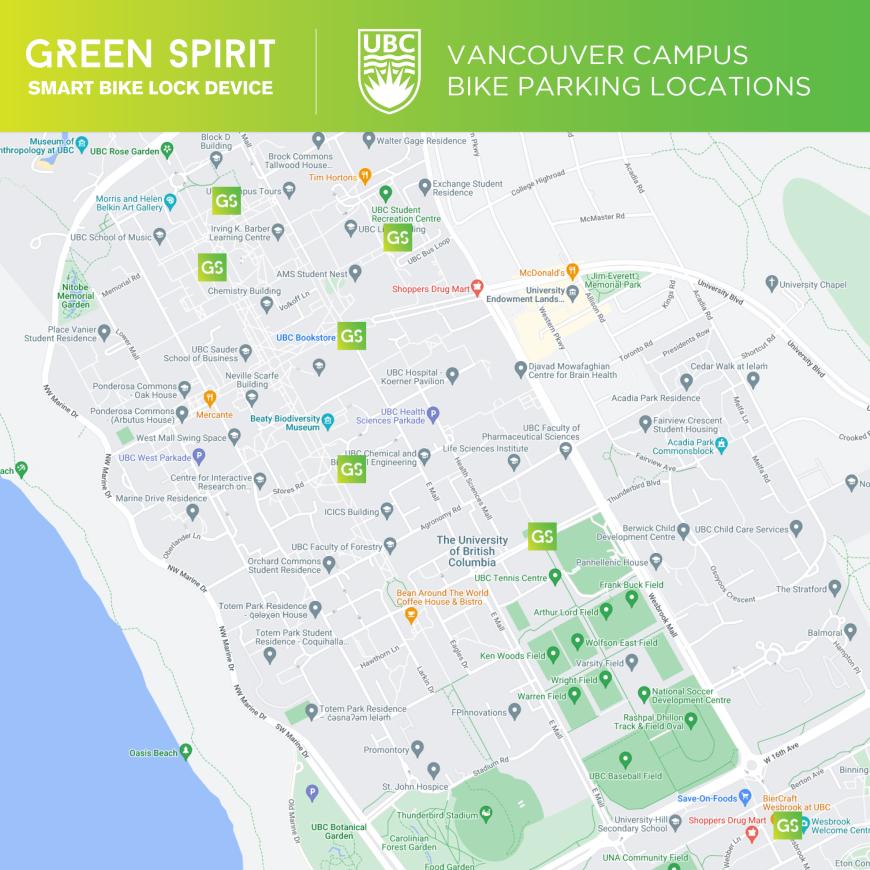 Map of Green Spirit Technologies Bike Parking spots at UBC