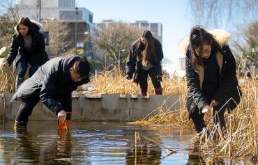 Students inspecting a water feature for a class project