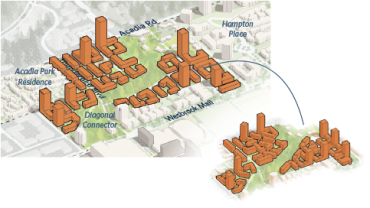 Model showing conceptual layout and massing of Acadia along with an alternative design approach