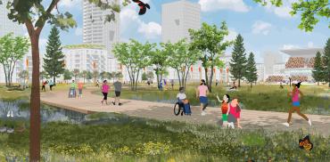 Rendering of people enjoying a boardwalk over a wetland habitat. Residential towers and an outdoor stadium are visible in the background.
