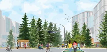 Artistic rendering of the primary welcome to campus at the intersection of University Boulevard and Wesbrook Mall