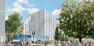 Artistic rendering of the primary welcome to campus at the intersection of University Boulevard and Wesbrook Mall