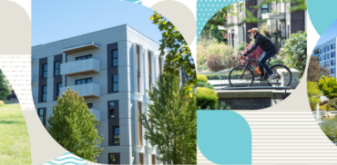 A banner for the Wesbrook Amendment project showing four different pictures of buildings within a cutout shape design.